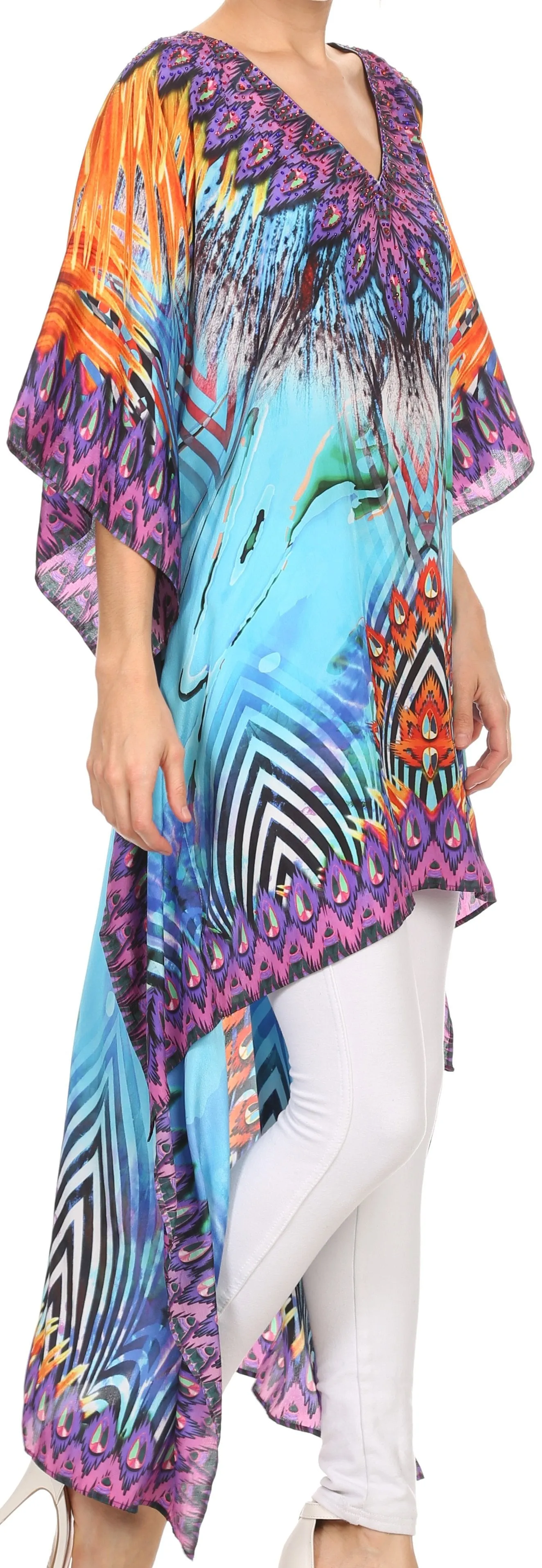 Sakkas Laisson Flowy Hi Low Caftan Rhinestone Boxy V Neck Dress Top Cover / Up