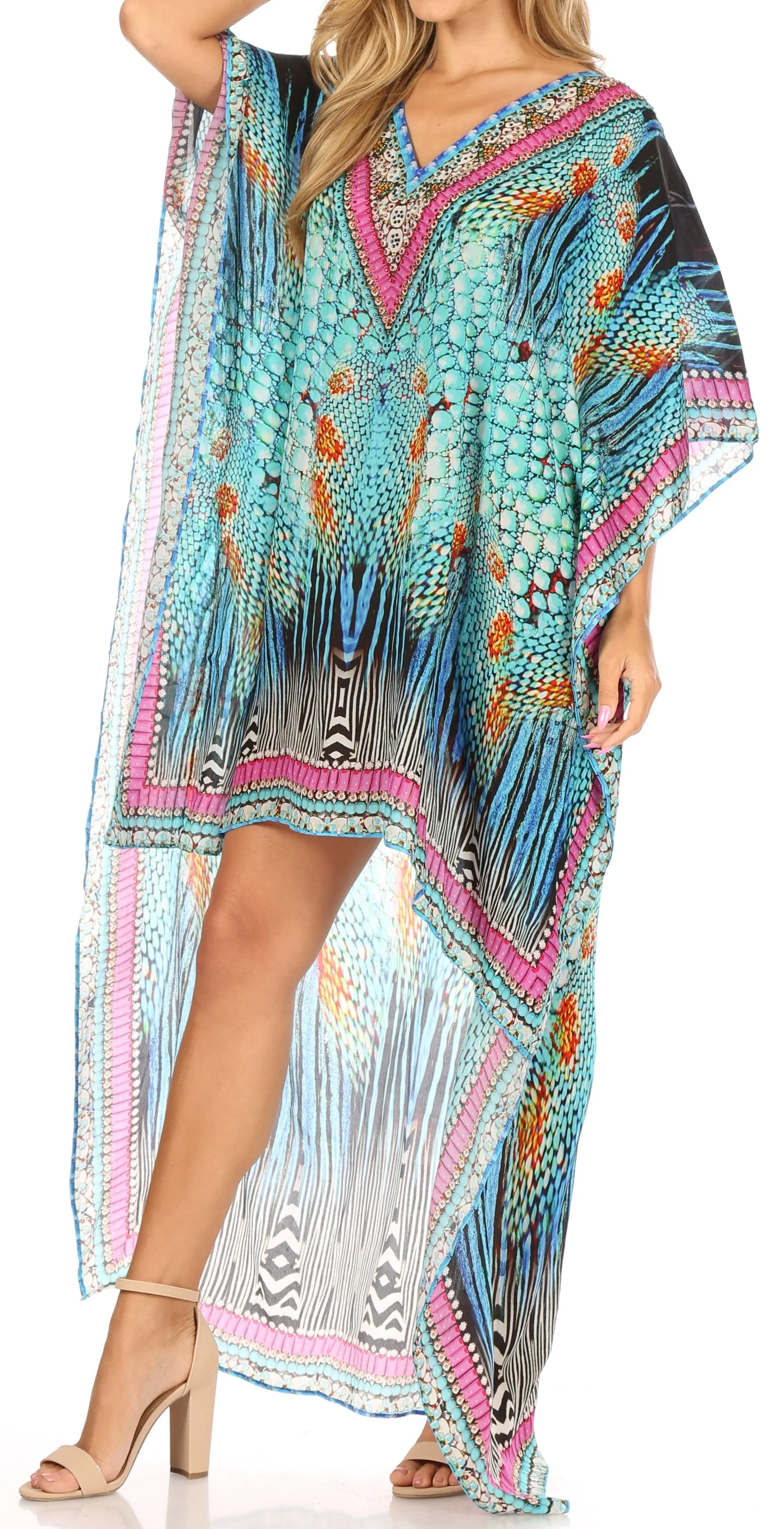 Sakkas Laisson Flowy Hi Low Caftan Rhinestone Boxy V Neck Dress Top Cover / Up