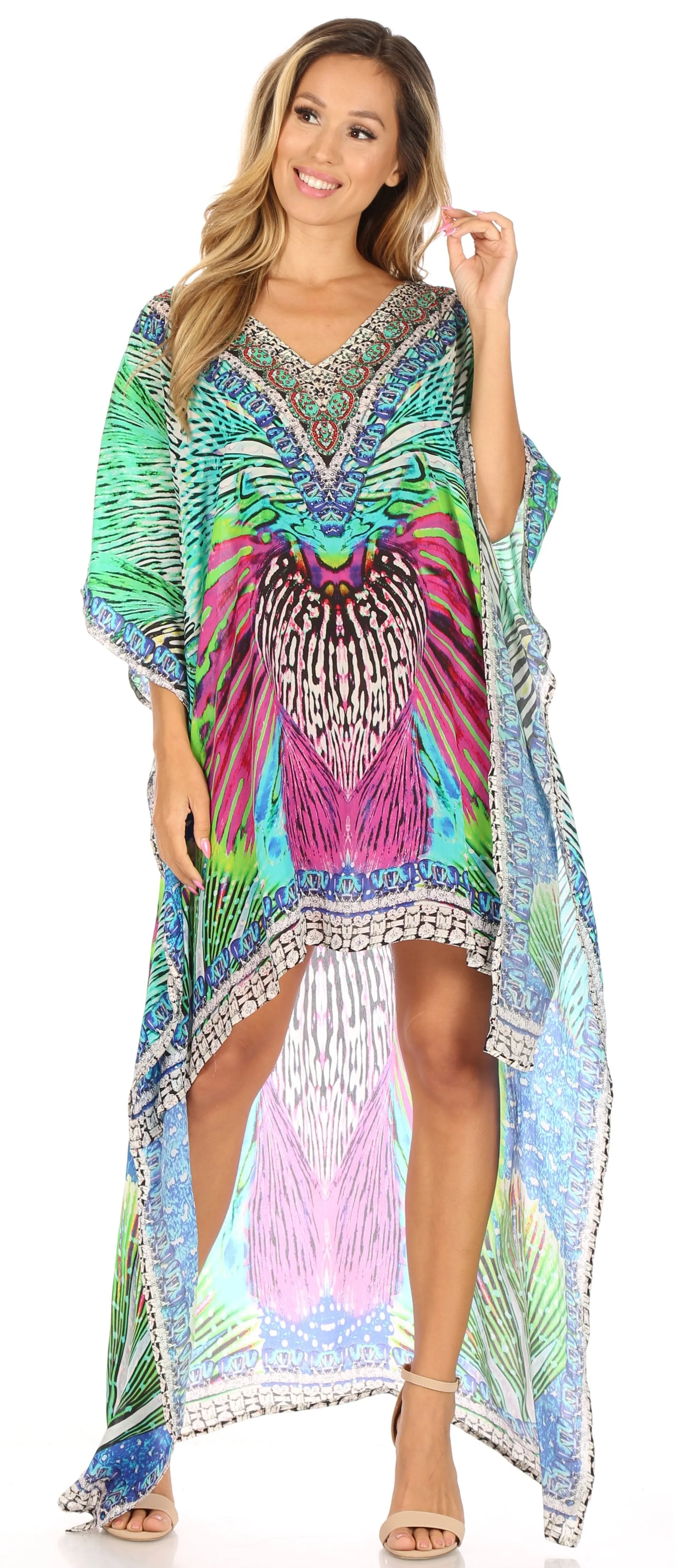 Sakkas Laisson Flowy Hi Low Caftan Rhinestone Boxy V Neck Dress Top Cover / Up