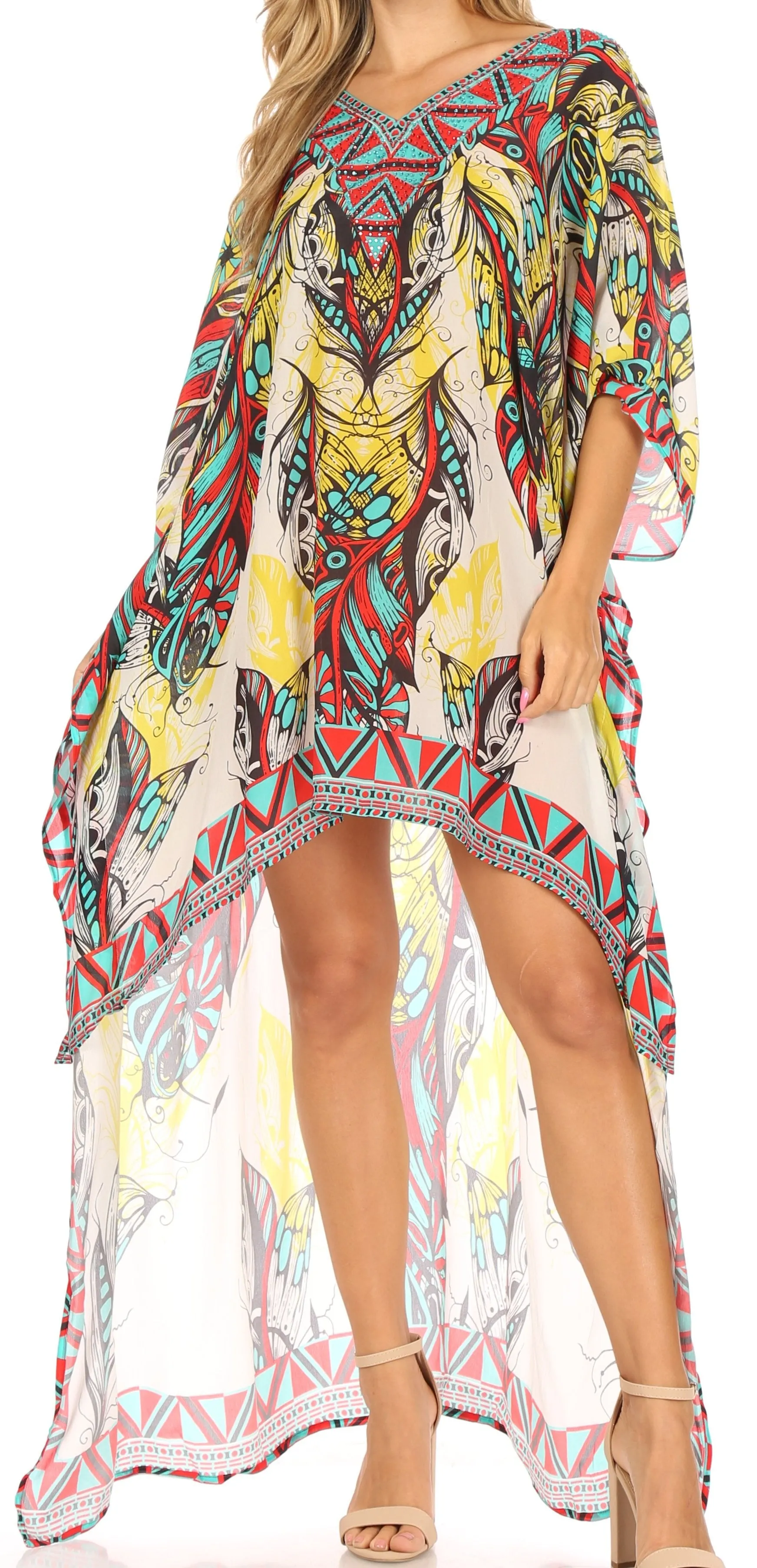 Sakkas Laisson Flowy Hi Low Caftan Rhinestone Boxy V Neck Dress Top Cover / Up