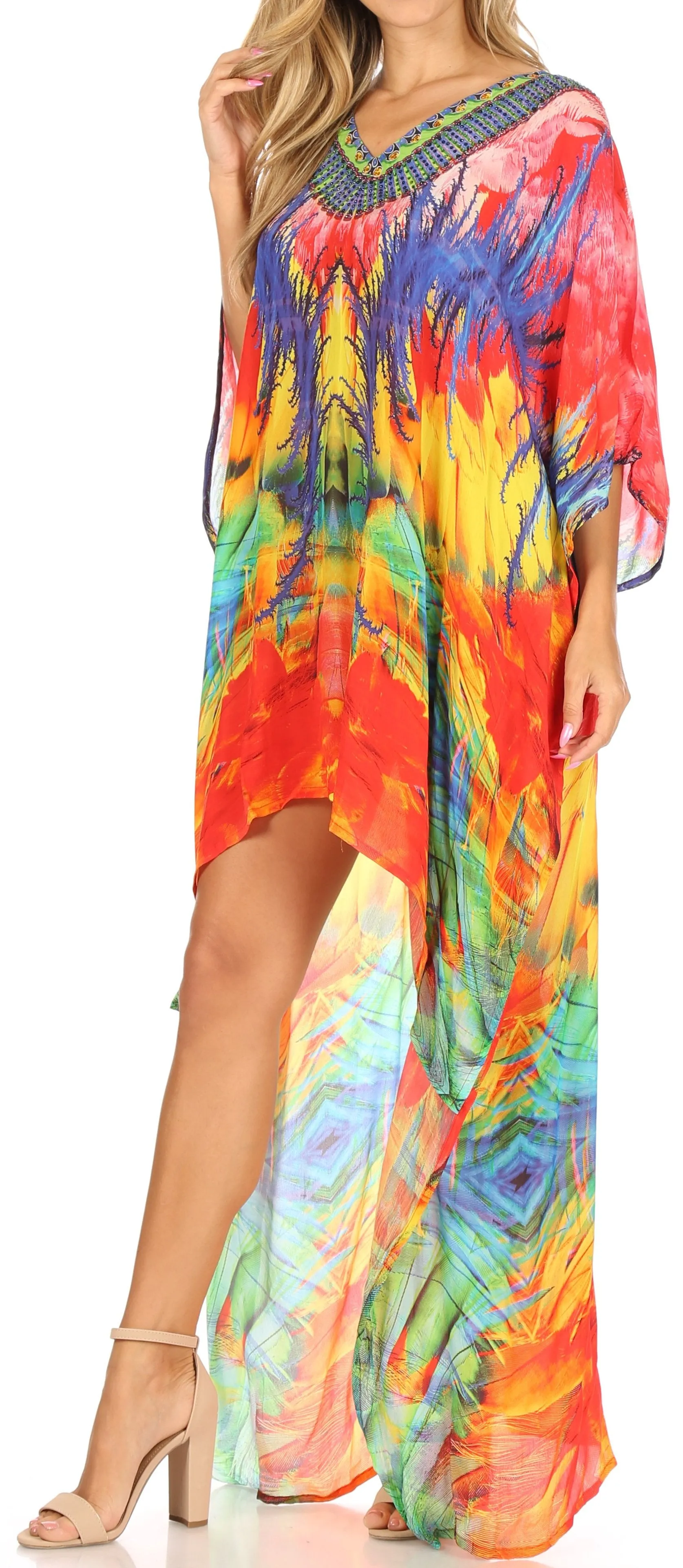 Sakkas Laisson Flowy Hi Low Caftan Rhinestone Boxy V Neck Dress Top Cover / Up