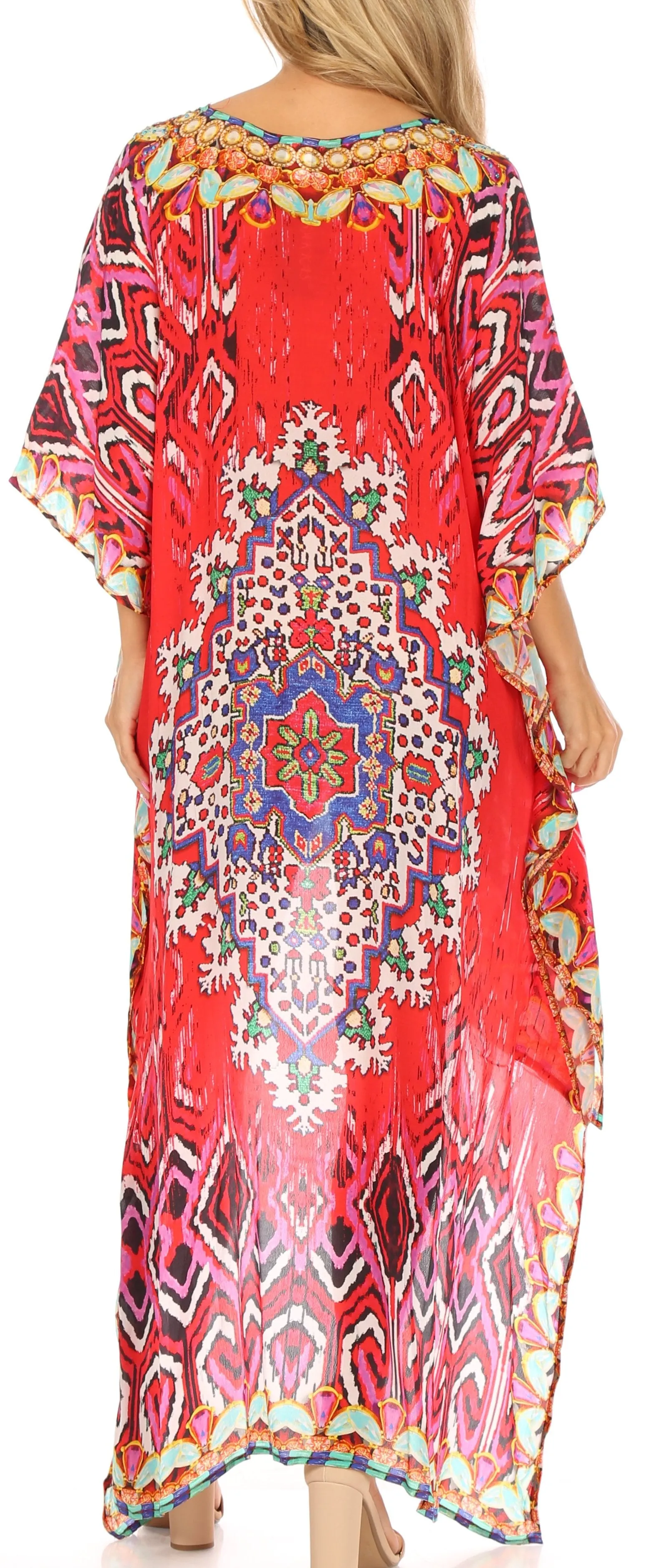 Sakkas Laisson Flowy Hi Low Caftan Rhinestone Boxy V Neck Dress Top Cover / Up