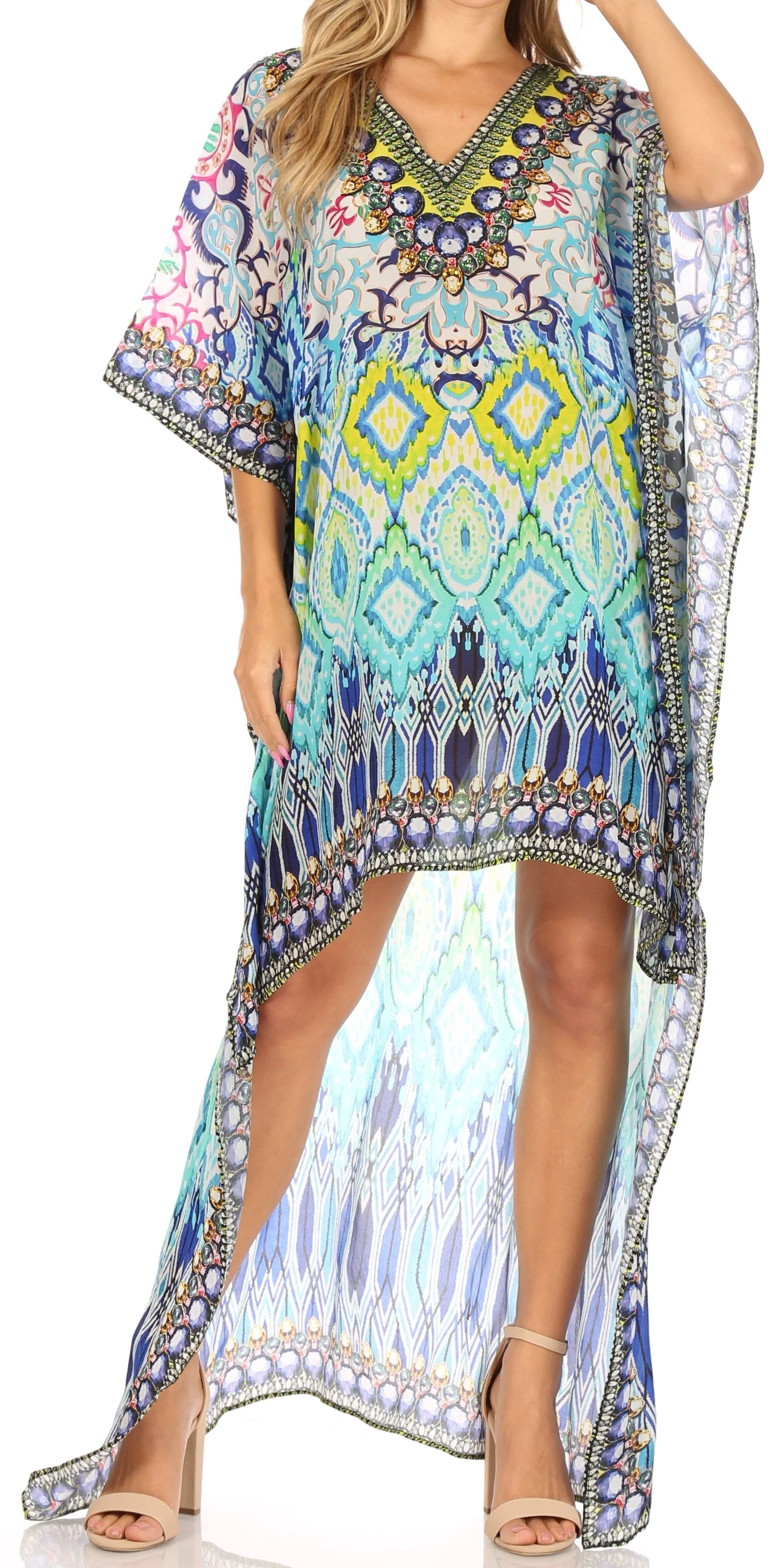 Sakkas Laisson Flowy Hi Low Caftan Rhinestone Boxy V Neck Dress Top Cover / Up