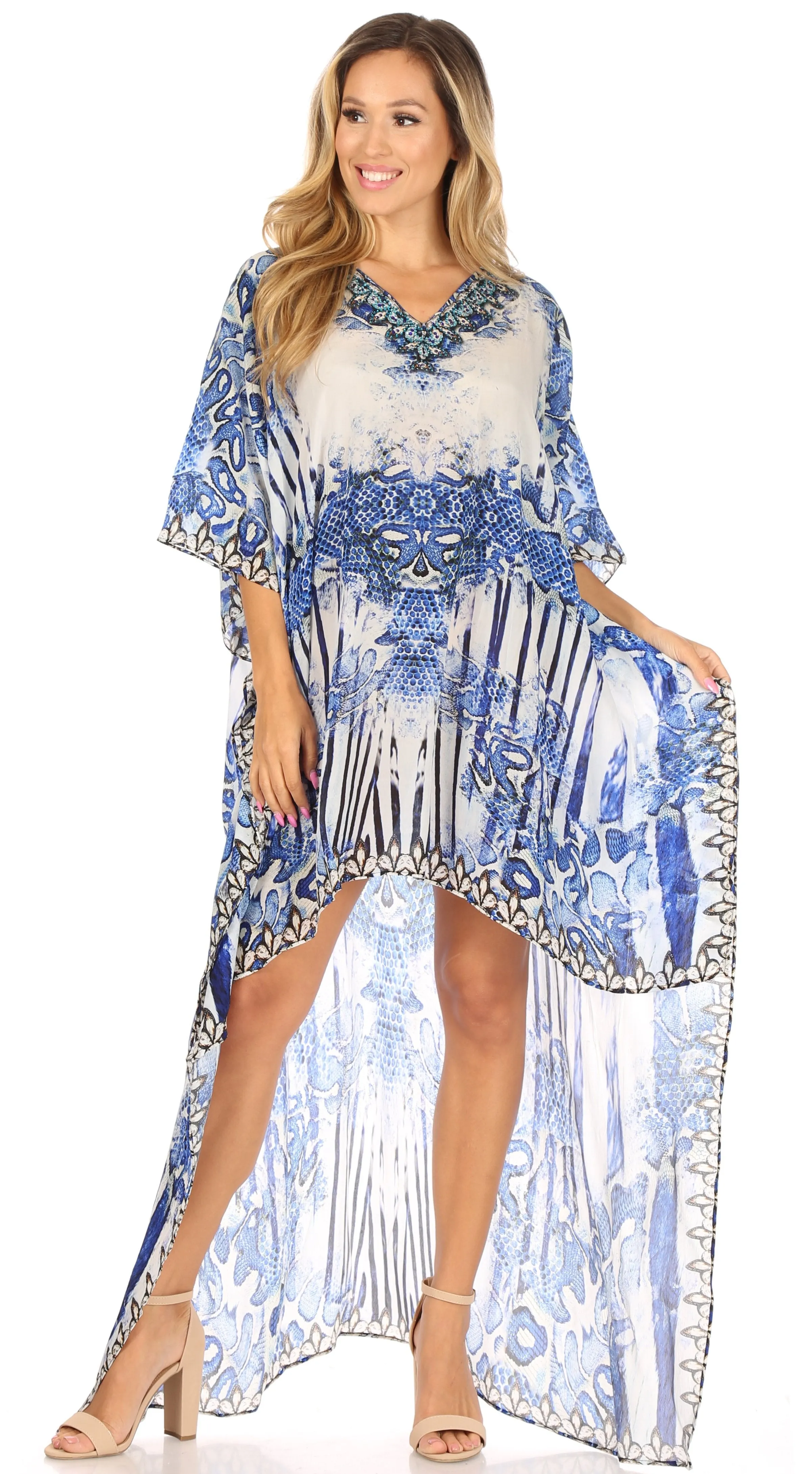 Sakkas Laisson Flowy Hi Low Caftan Rhinestone Boxy V Neck Dress Top Cover / Up