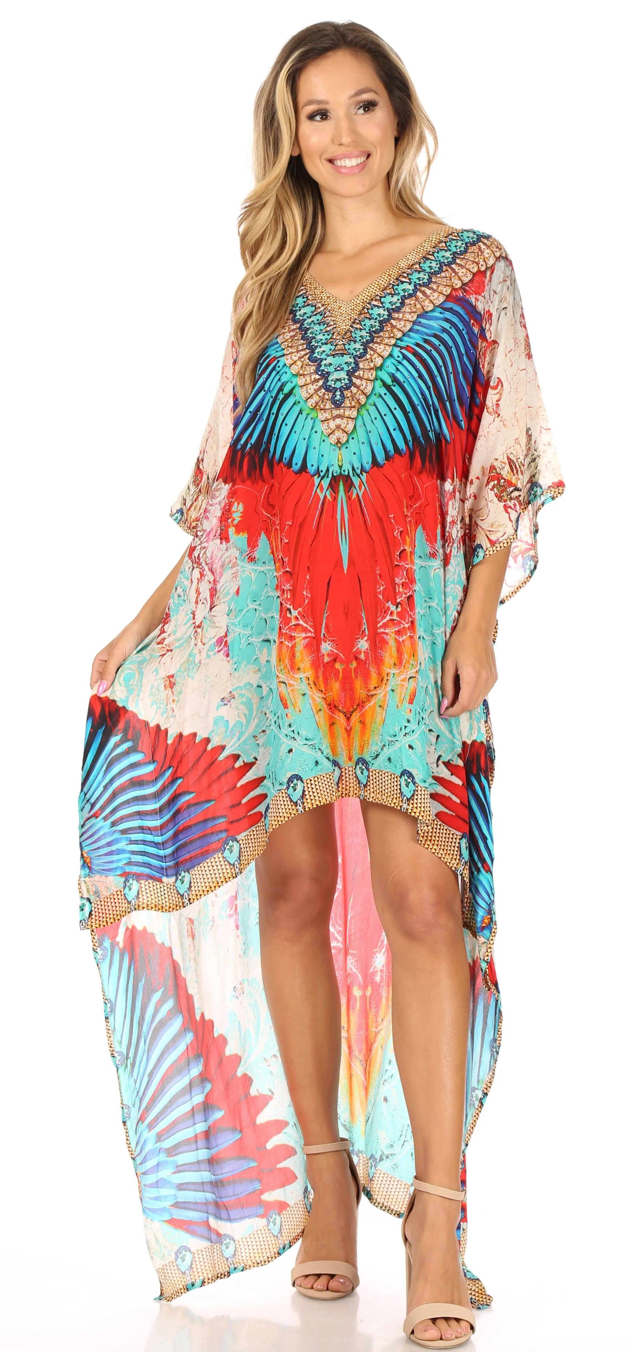 Sakkas Laisson Flowy Hi Low Caftan Rhinestone Boxy V Neck Dress Top Cover / Up