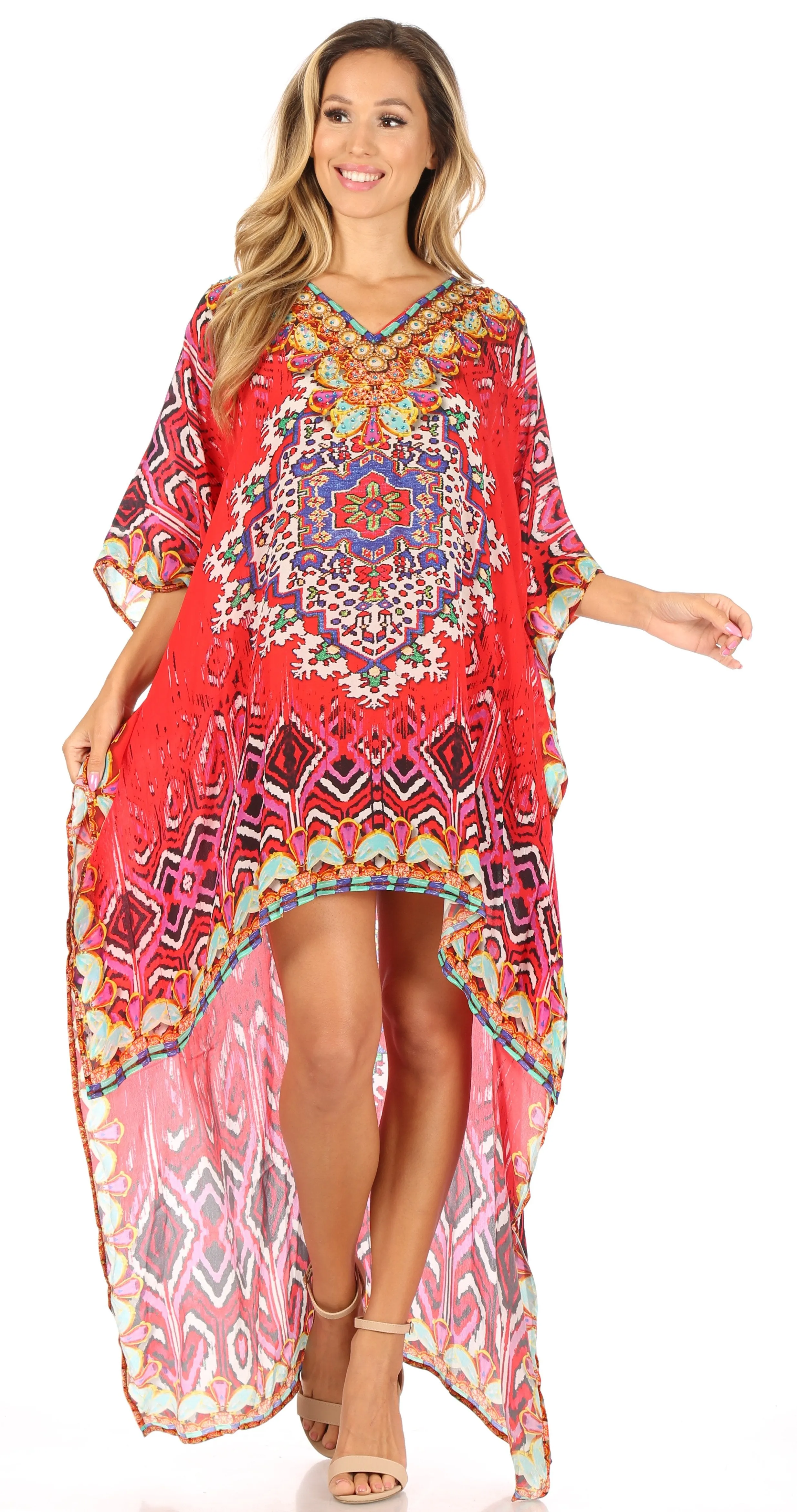 Sakkas Laisson Flowy Hi Low Caftan Rhinestone Boxy V Neck Dress Top Cover / Up