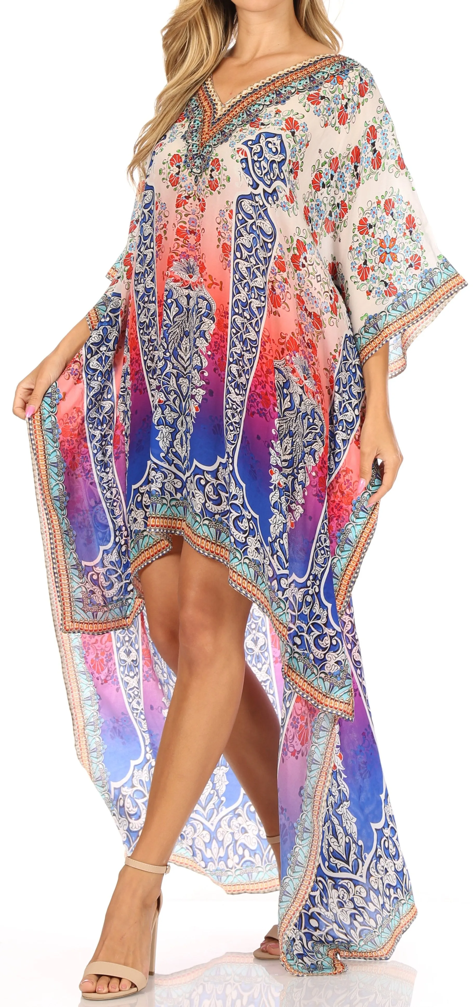 Sakkas Laisson Flowy Hi Low Caftan Rhinestone Boxy V Neck Dress Top Cover / Up