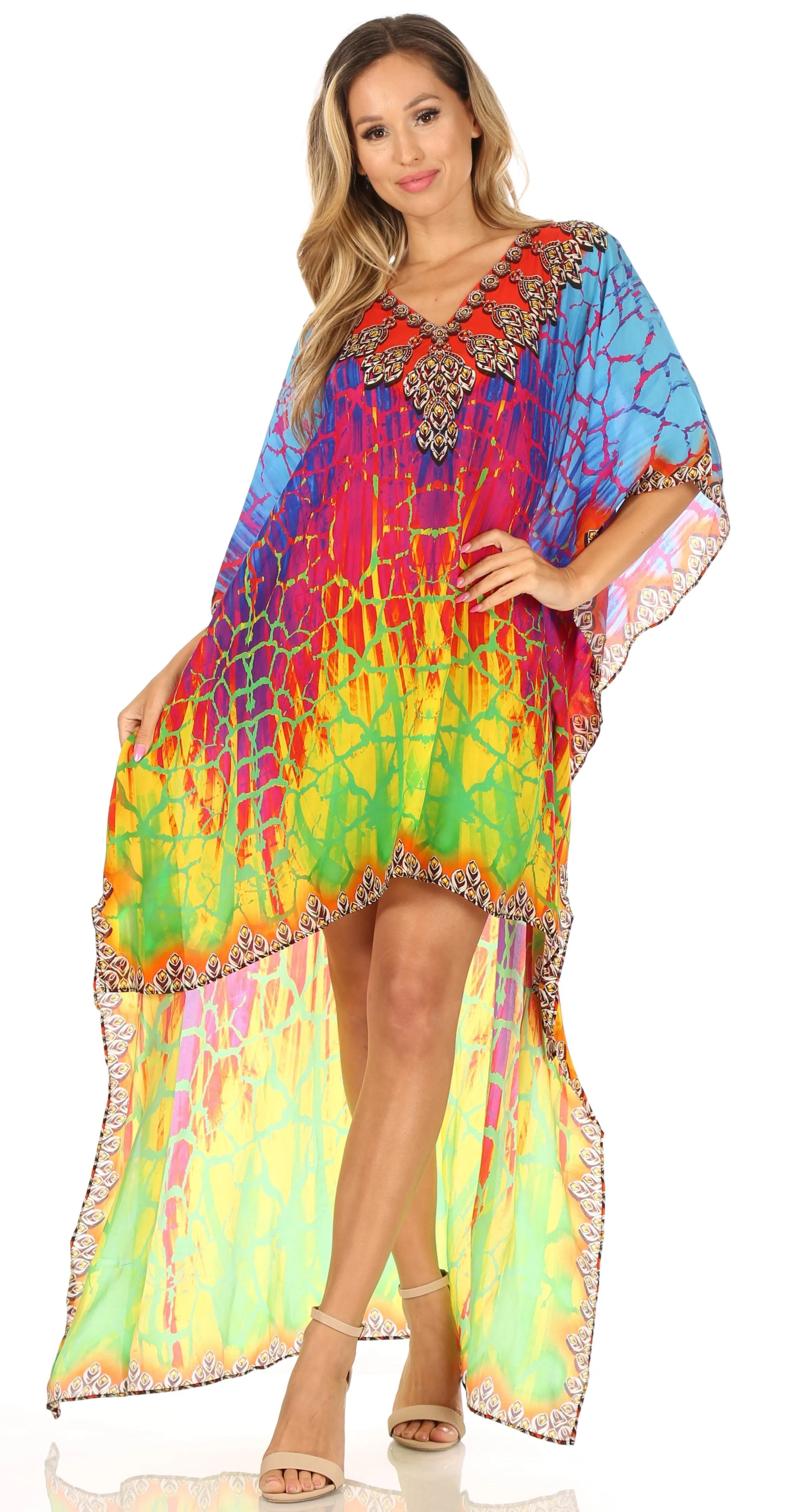 Sakkas Laisson Flowy Hi Low Caftan Rhinestone Boxy V Neck Dress Top Cover / Up