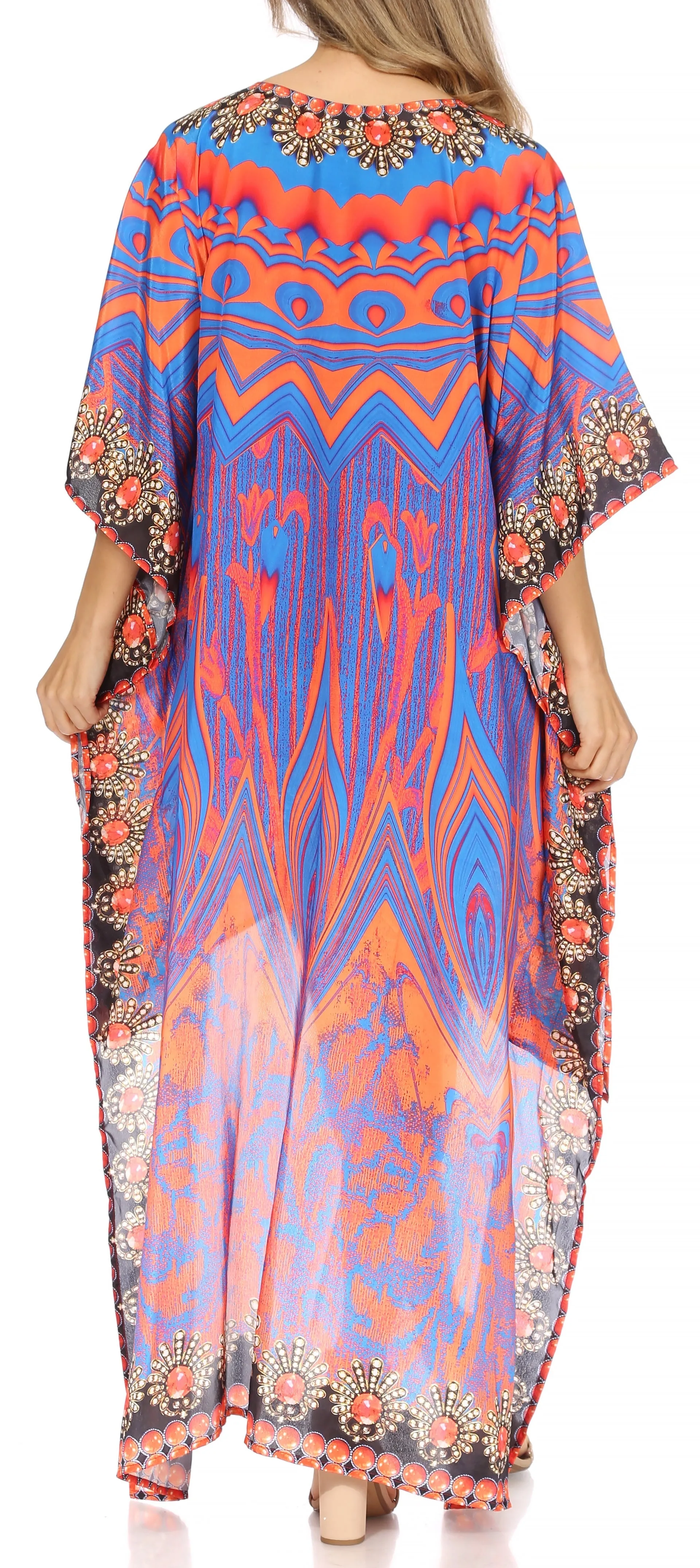 Sakkas Laisson Flowy Hi Low Caftan Rhinestone Boxy V Neck Dress Top Cover / Up