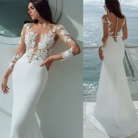 Satin Mermaid Wedding Dress Illusion Lace Sleeve Button Back Bridal Gown