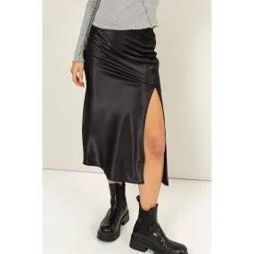 SATIN MIDI SKIRT WITH SIDE SLIT AND HIGH WAIST/BLACK