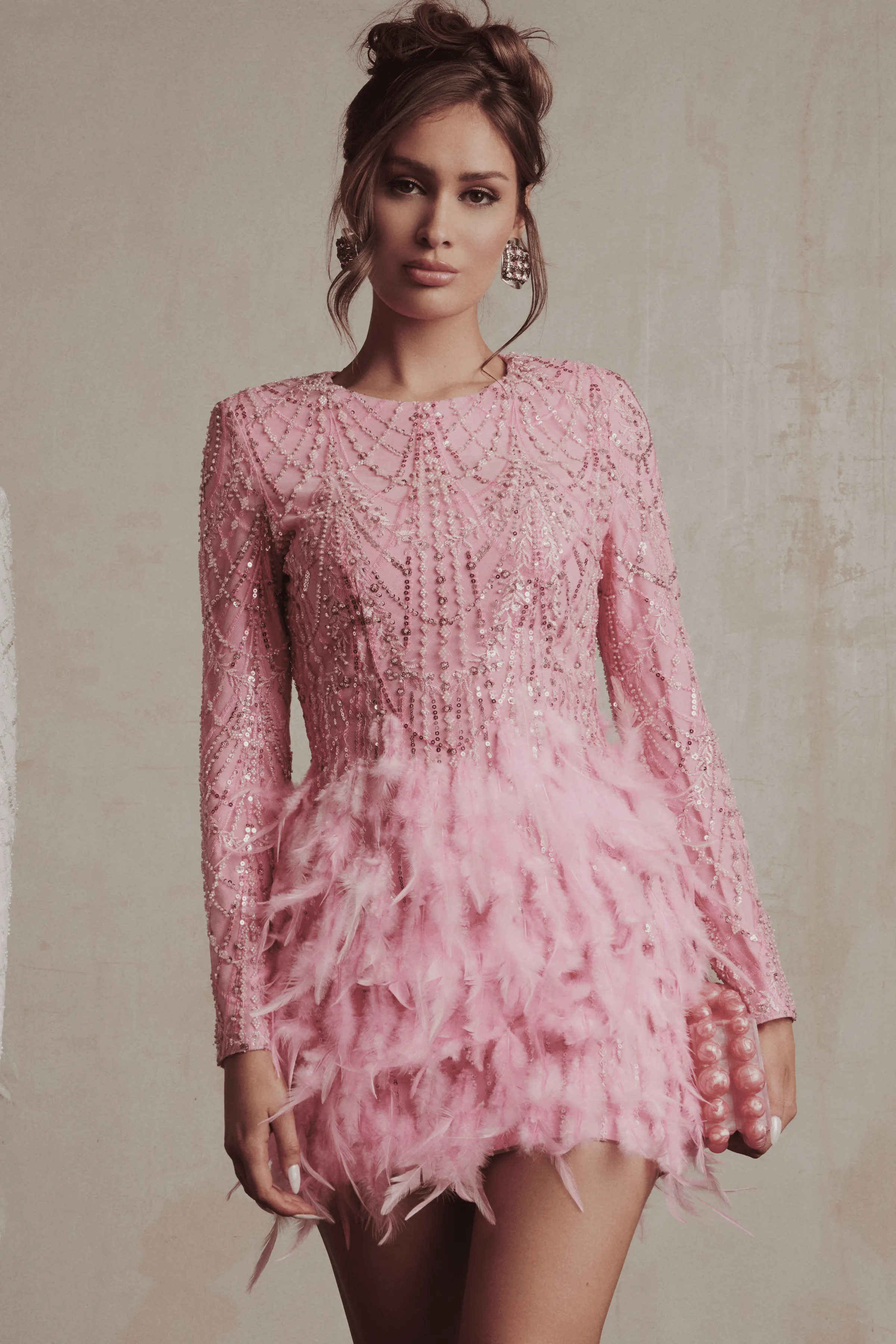 SELENE Embellished Feather Mini Dress In Pink