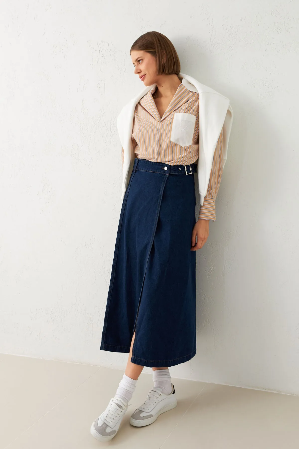 Setre Asymmetric Closure Denim Skirt Navy