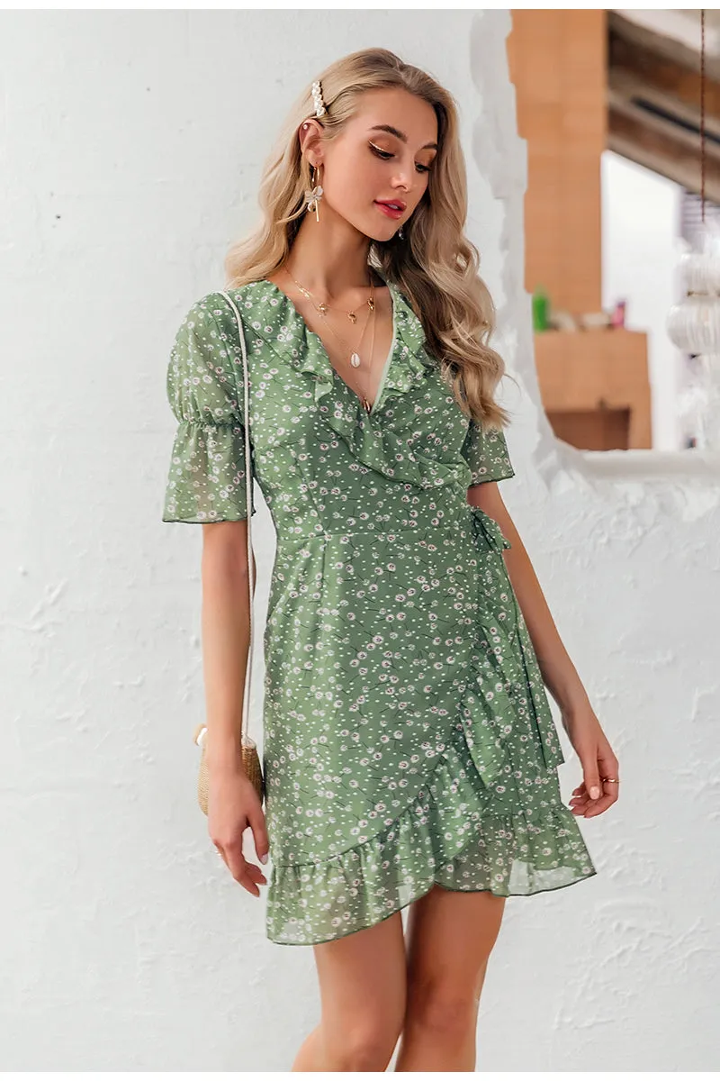 Sexy Floral Print Bohemian Ruffled Asymmetric Short Sleeve Mini Dress