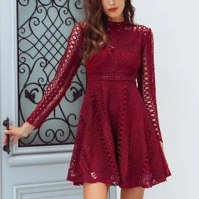 Sexy Lace Red Elegant Knitted Long Sleeve Dress