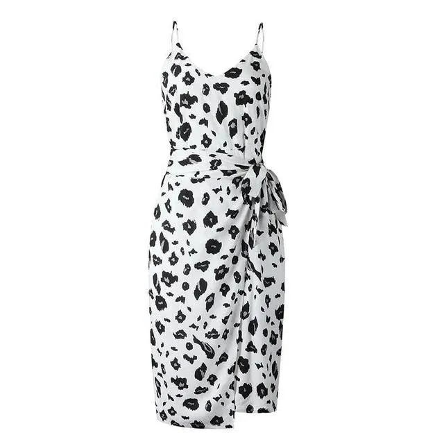 Sexy Leopard Printed Sash Belt Spaghetti Strap V-Neck Midi Dress