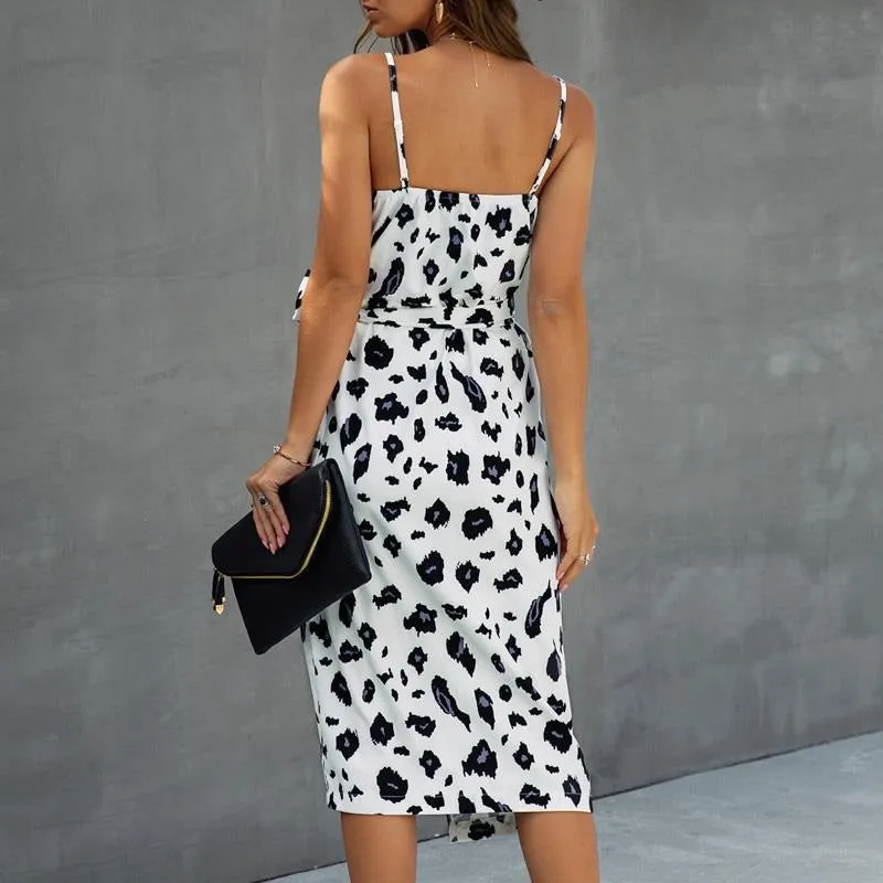 Sexy Leopard Printed Sash Belt Spaghetti Strap V-Neck Midi Dress