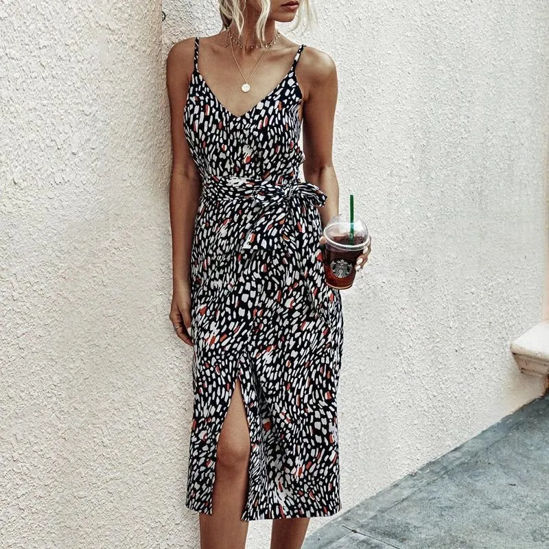 Sexy Leopard Printed Sash Belt Spaghetti Strap V-Neck Midi Dress