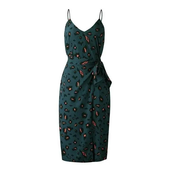 Sexy Leopard Printed Sash Belt Spaghetti Strap V-Neck Midi Dress