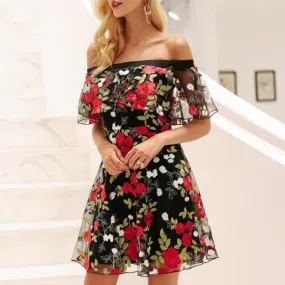 Sexy Off Shoulder Embroidery Floral Lace Ruffle Mesh Dress