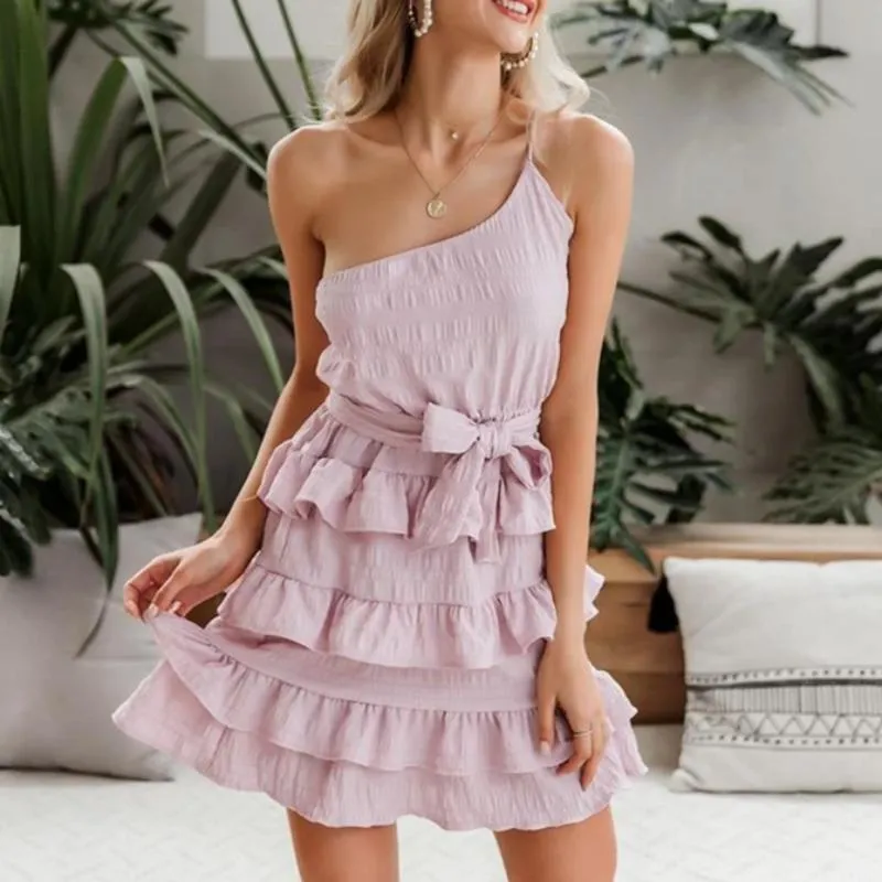 Sexy One Shoulder Spaghetti Strap A-line Ruffle Mini Dress