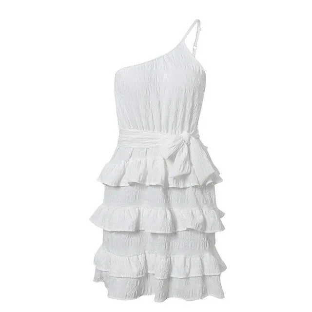 Sexy One Shoulder Spaghetti Strap A-line Ruffle Mini Dress