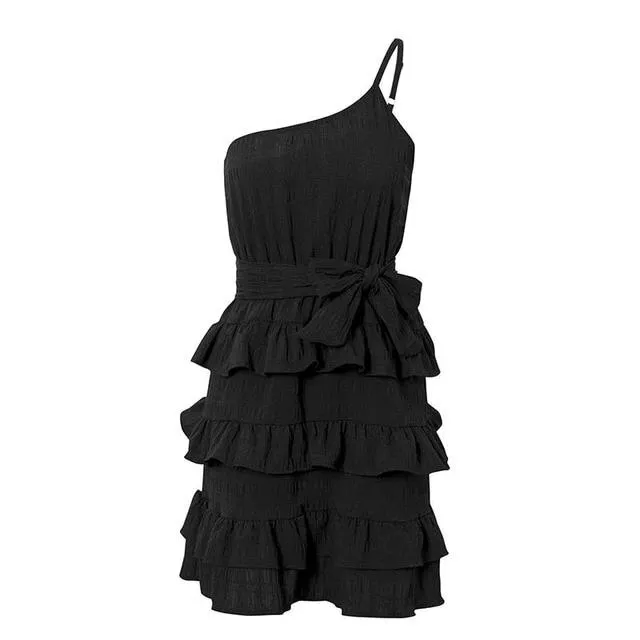 Sexy One Shoulder Spaghetti Strap A-line Ruffle Mini Dress