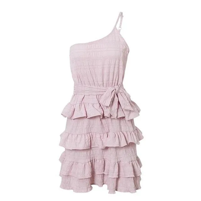 Sexy One Shoulder Spaghetti Strap A-line Ruffle Mini Dress