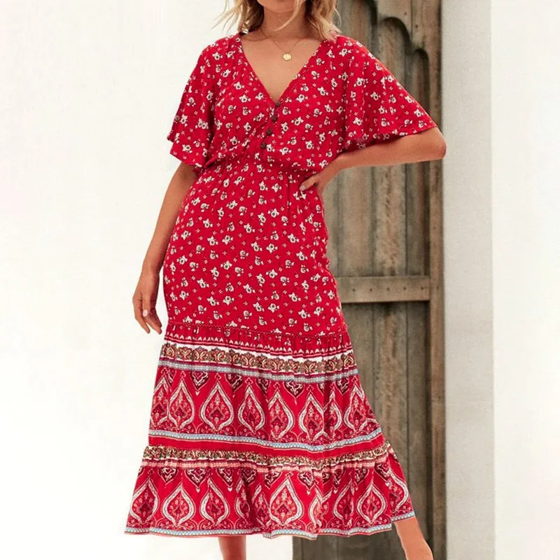 Sexy V-neck Bohemian Summer Floral Print Button Ruffle Sleeve Long Dress