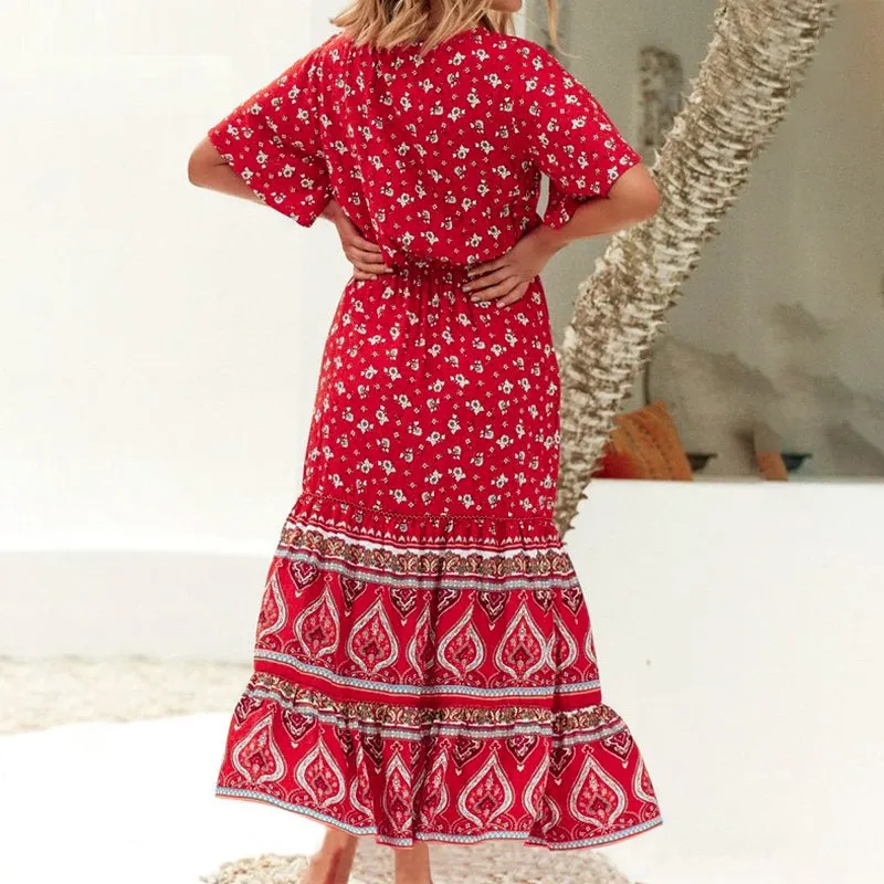 Sexy V-neck Bohemian Summer Floral Print Button Ruffle Sleeve Long Dress