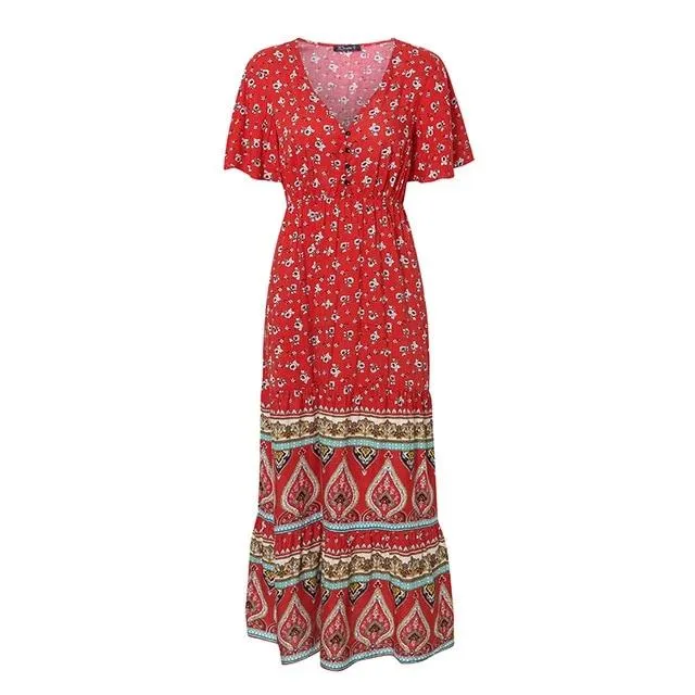 Sexy V-neck Bohemian Summer Floral Print Button Ruffle Sleeve Long Dress