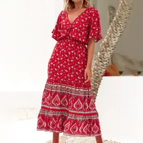 Sexy V-neck Bohemian Summer Floral Print Button Ruffle Sleeve Long Dress