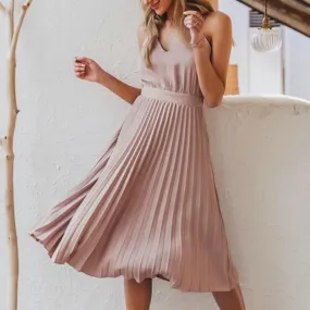 Sexy V-Neck Elegant Spaghetti Strap Pleated Office Midi Summer Dress