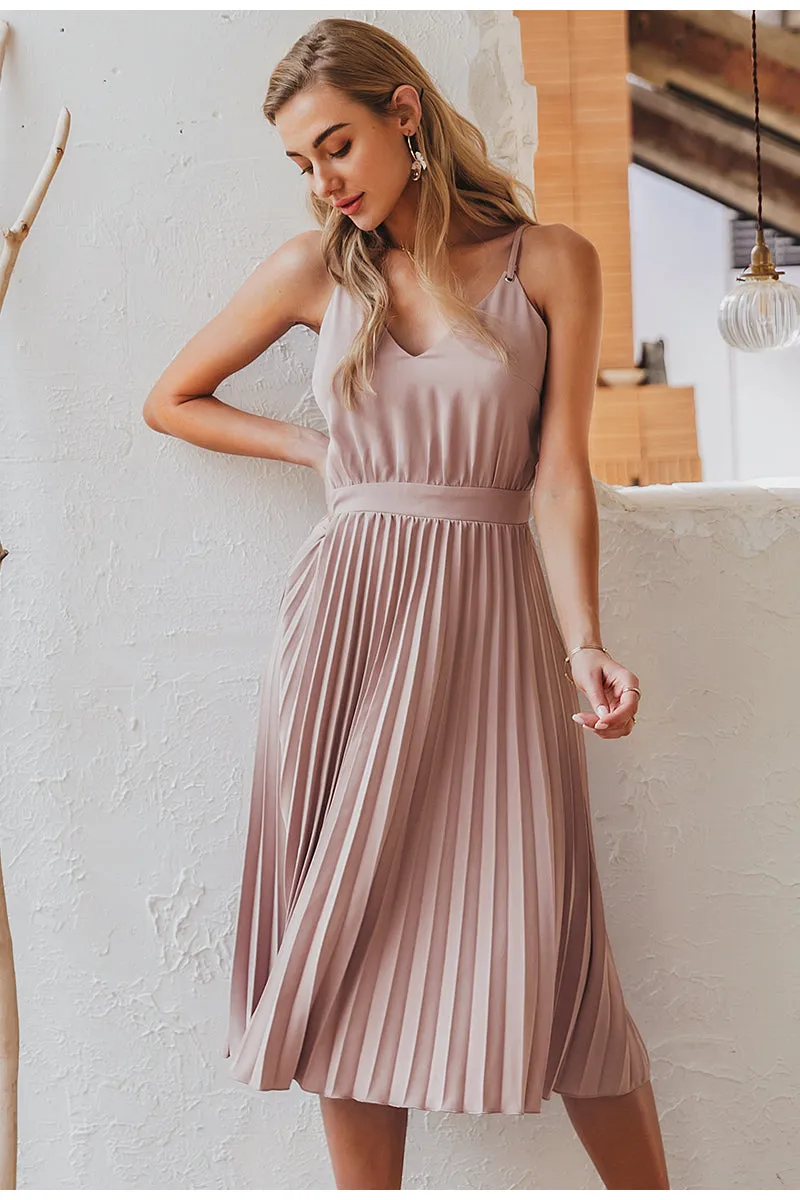 Sexy V-Neck Elegant Spaghetti Strap Pleated Office Midi Summer Dress