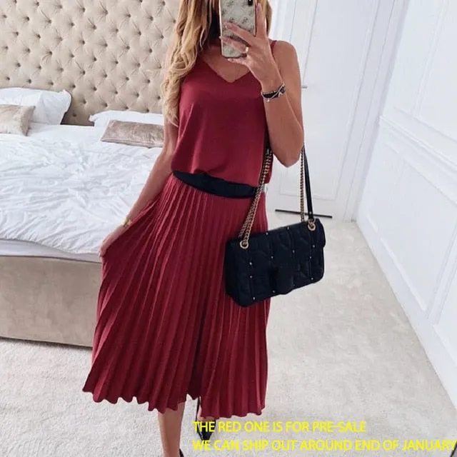 Sexy V-Neck Elegant Spaghetti Strap Pleated Office Midi Summer Dress