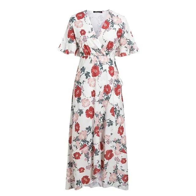 Sexy V-neck Floral  Elegant Ruffled Sleeve Maxi Bohemian Long Dress