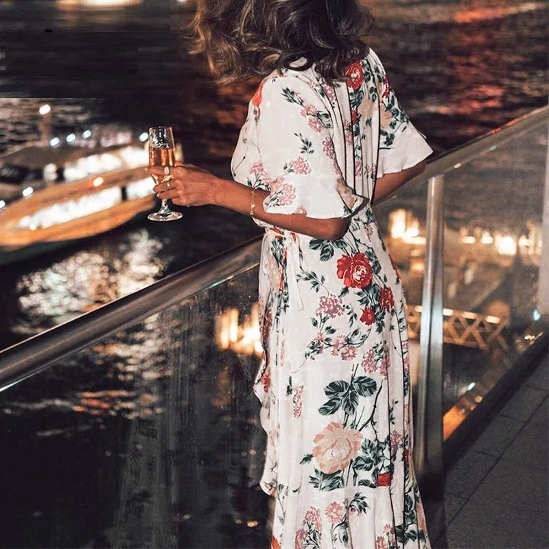 Sexy V-neck Floral  Elegant Ruffled Sleeve Maxi Bohemian Long Dress