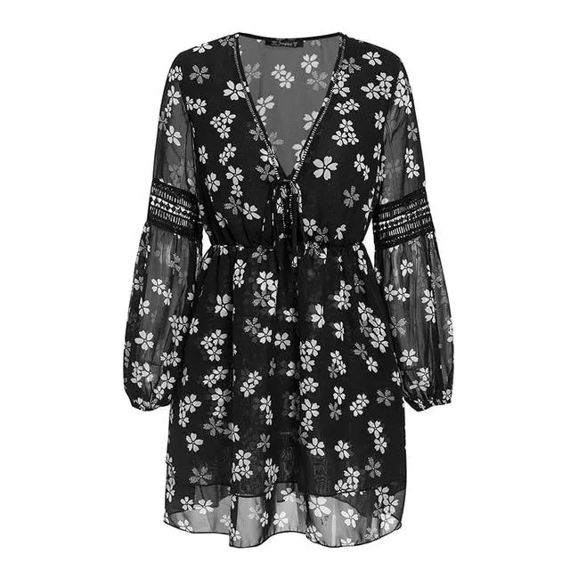 Sexy V-neck Floral Holiday Elegant Stitching Lantern Sleeve Mini Dress