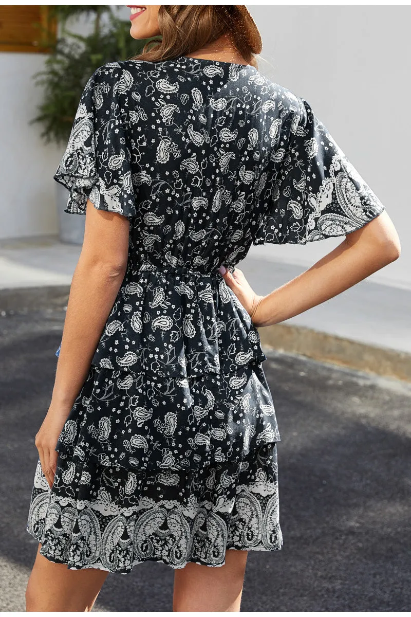 Sexy V-neck Floral Print Ruched Summer Cotton Short Boho Dress