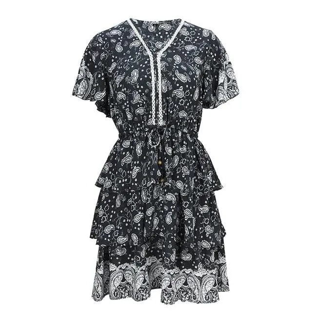 Sexy V-neck Floral Print Ruched Summer Cotton Short Boho Dress