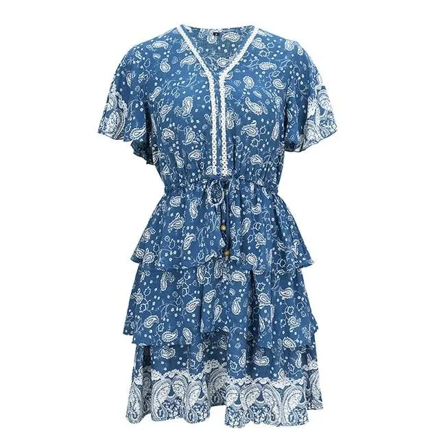 Sexy V-neck Floral Print Ruched Summer Cotton Short Boho Dress