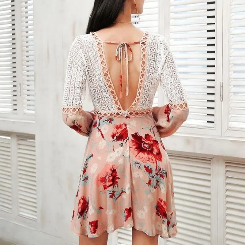 Sexy V Neck Lace Flare Long Sleeve Boho Floral Short Dress