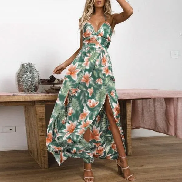 Sexy V Neck Maxi Long Vintage Backless Dress