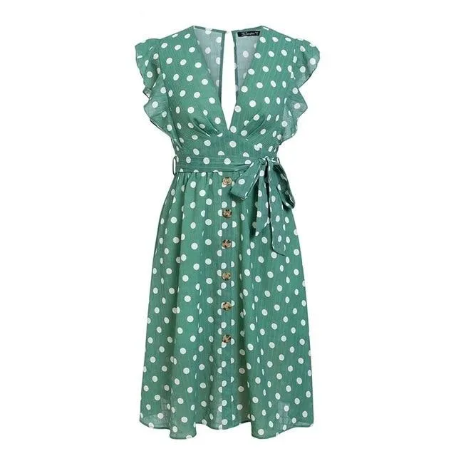 Sexy V Neck Polka Dot Green Summer Dress