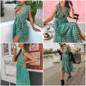 Sexy V Neck Polka Dot Green Summer Dress