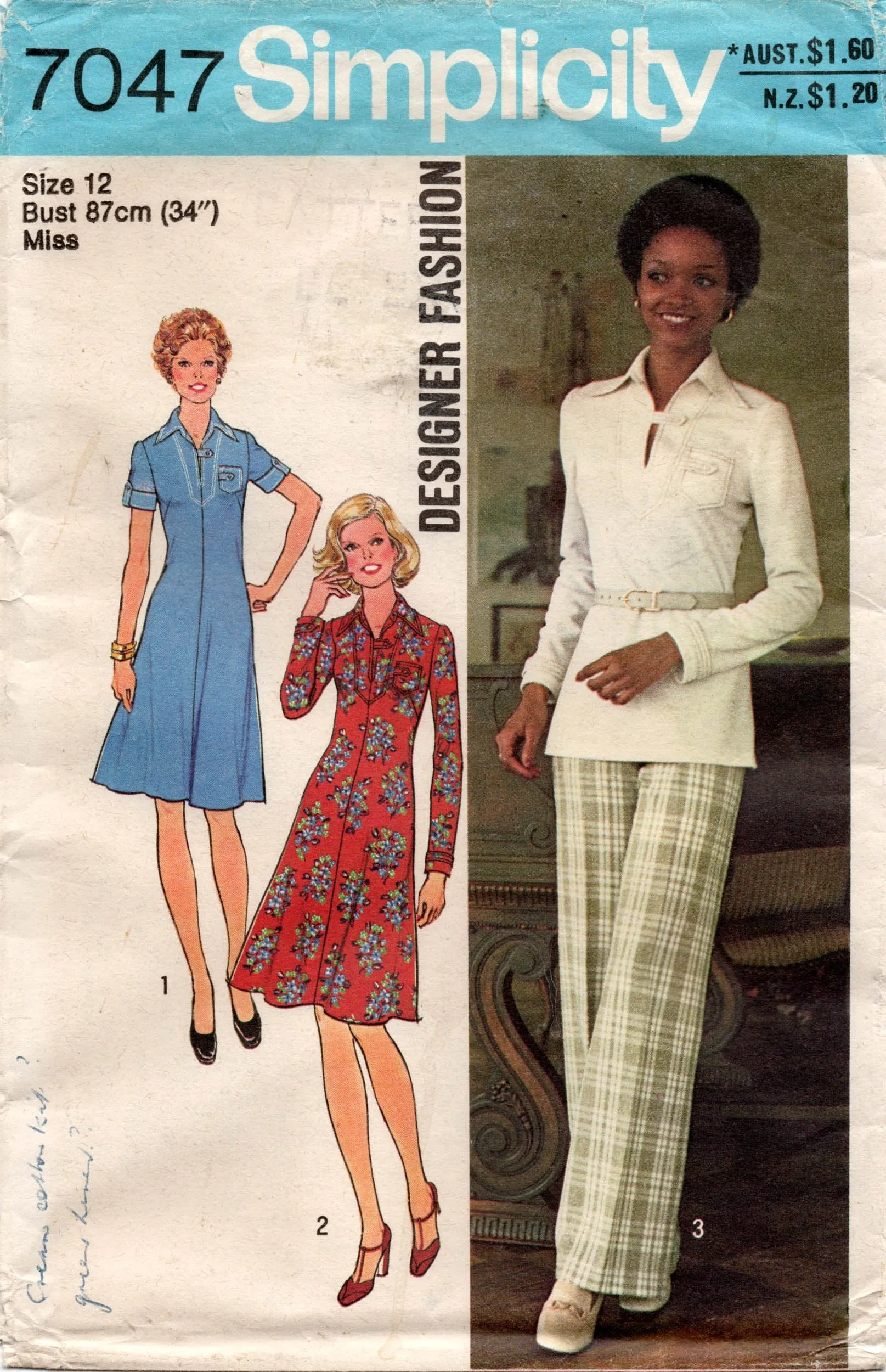 Simplicity 7047 Womens Dress Top & Flares 1970s Vintage Sewing Pattern Size 12 Bust 34 inches