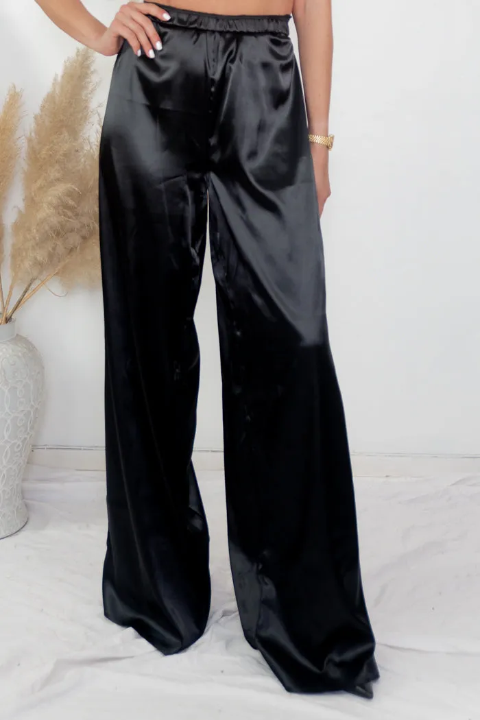 Sleek Out Satin Wide-Leg Pants - Black