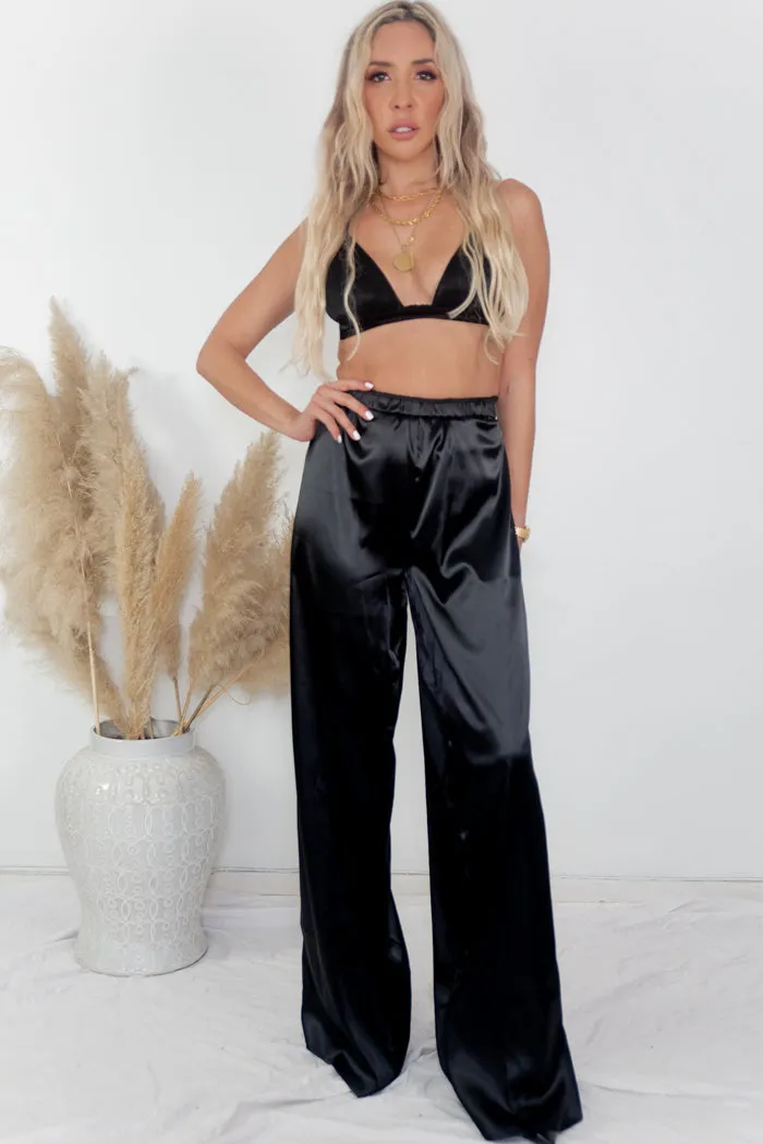 Sleek Out Satin Wide-Leg Pants - Black