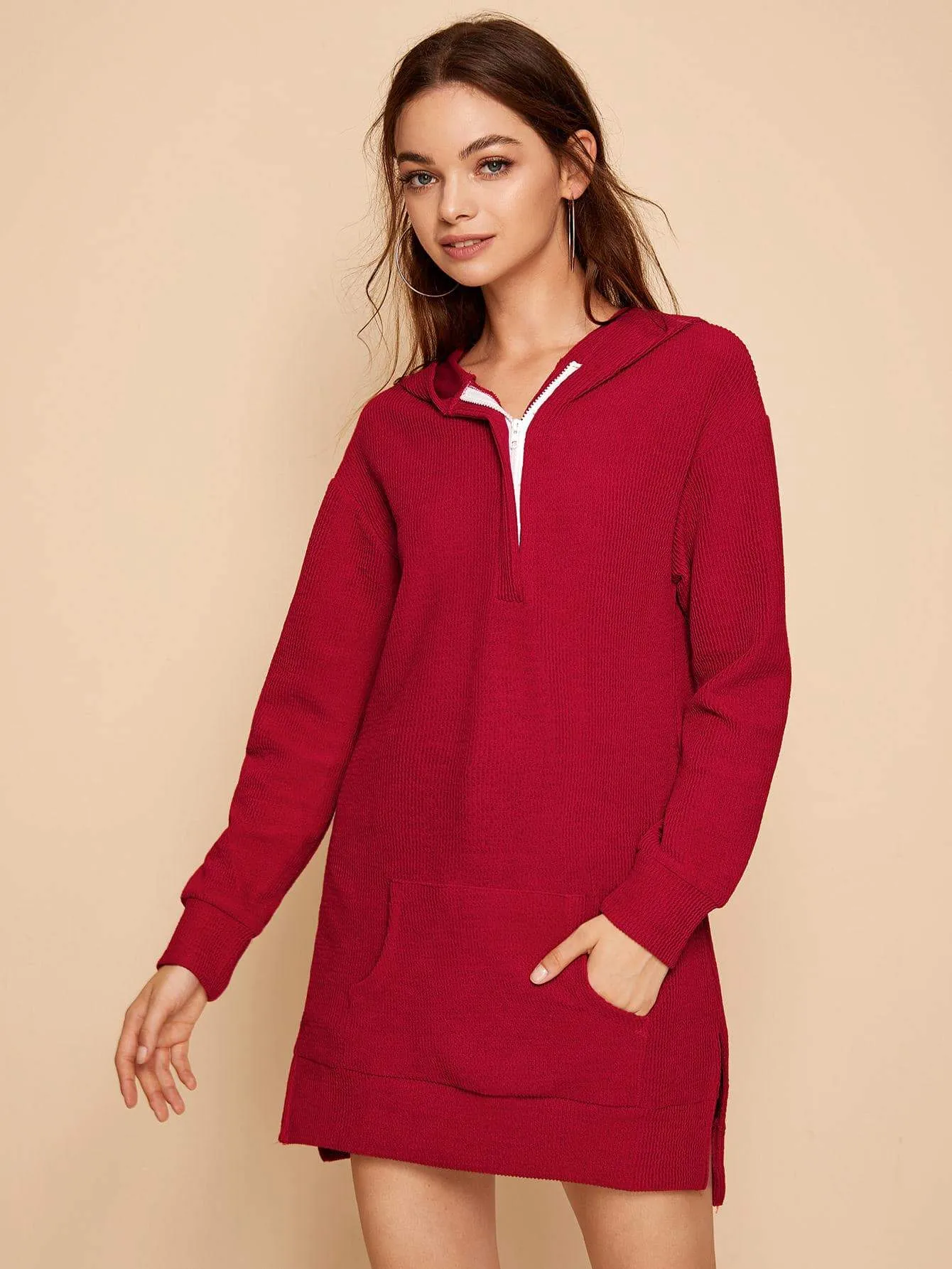 Split Side Ribbed Zip Front Hooded Sweatshirt Dress