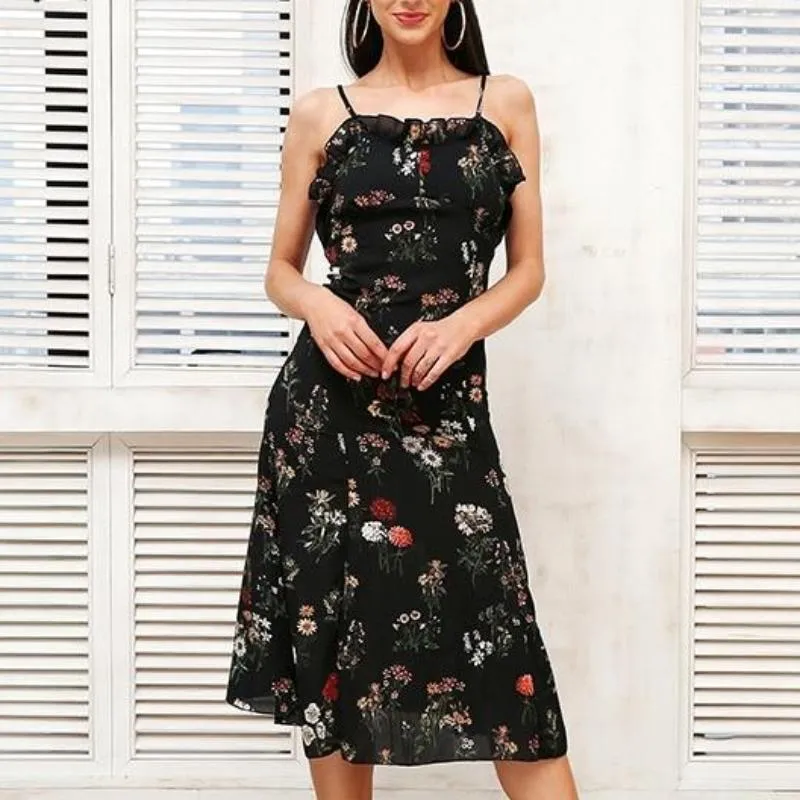 Strap Floral Print Boho Backless Ruffle Sexy Dress